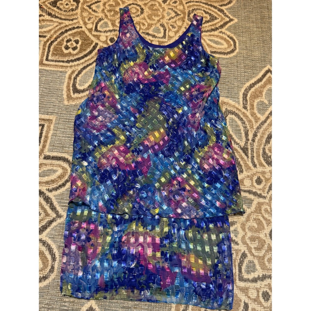 Patra Petites Blue Multi Metallic Geometric Tiered Popover Cocktail Dress 10P